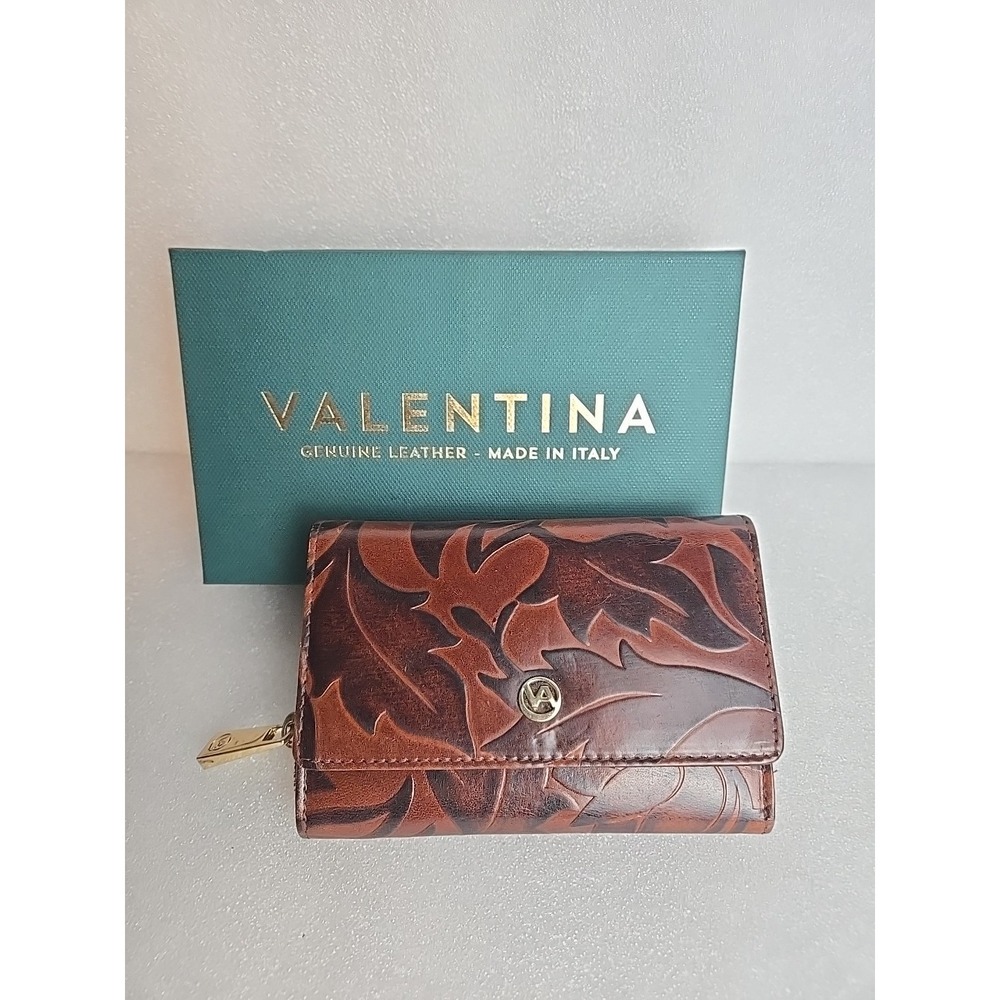 Valentina Italy Embossed Leaf Brown Leather Zip Around Continental Trifol Wallet